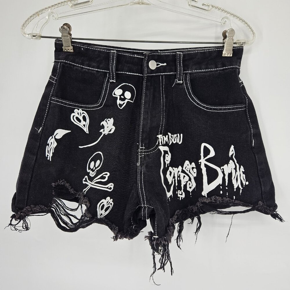Tim Burton Corpse Bride Shorts Womens 28 Black Distressed Gothic Skulls Punk Emo